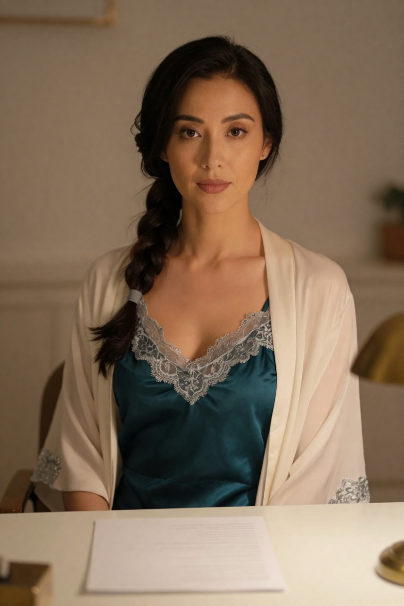 Photorealistic portrait of a fictional adult woman, age 29, dark hair in a loose low braid
